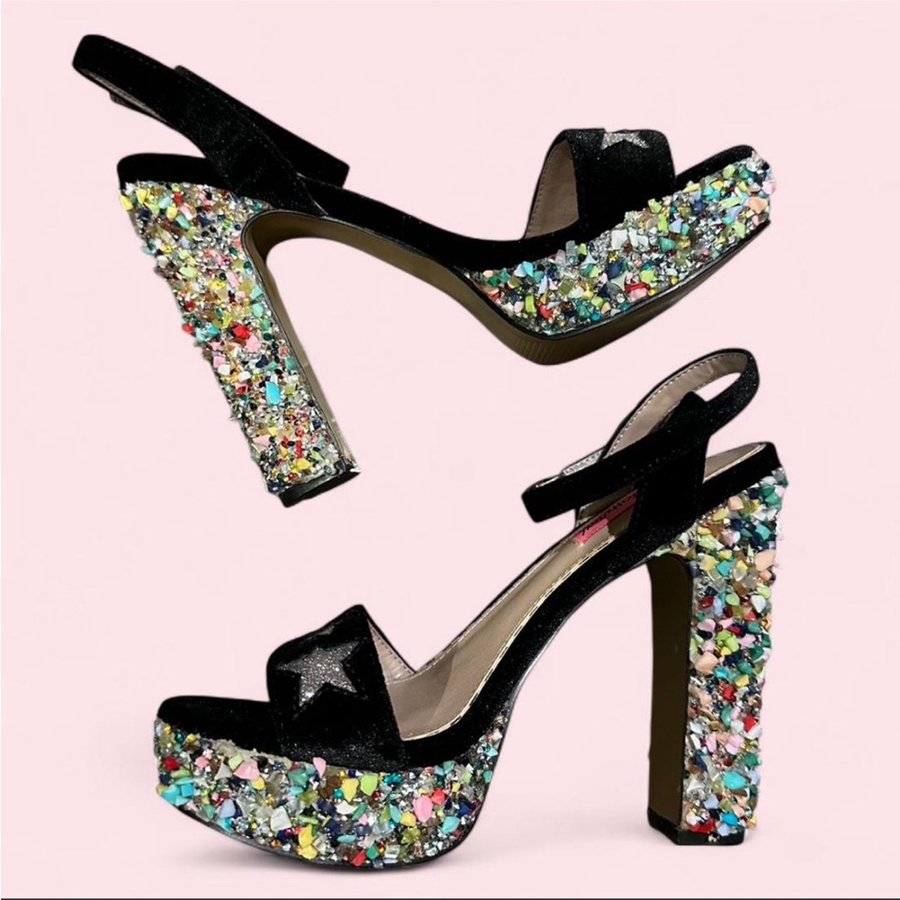 Betsey Johnson Kenna Platform Heels Size 6.5 Black Velvet Star Crystal Heel